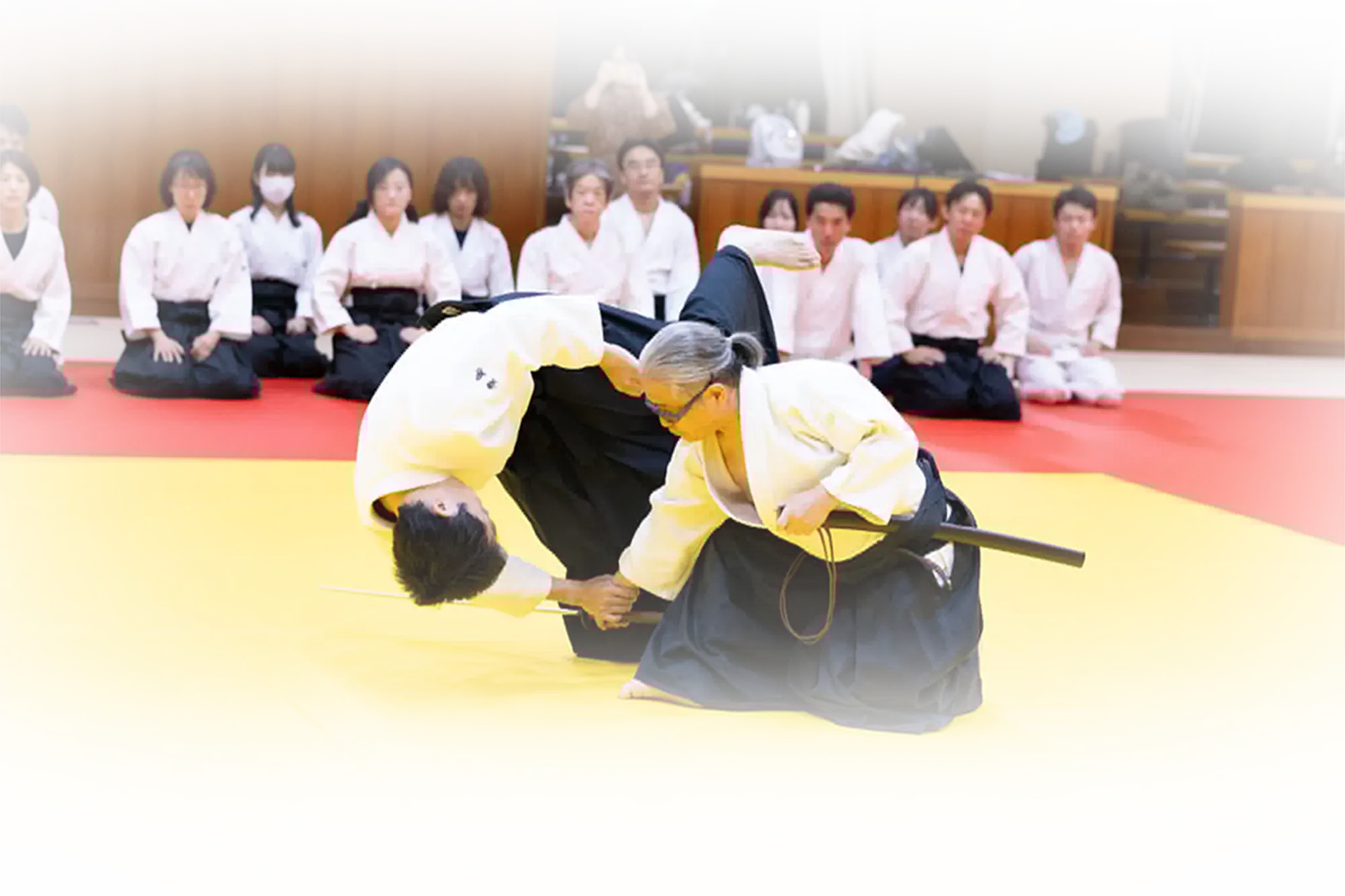 門下生を相手に木刀を用いた技を見せる師範